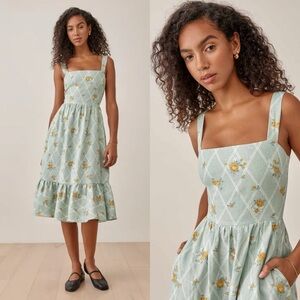 Reformation Manet Linen Midi Dress Celia Print Sz 8